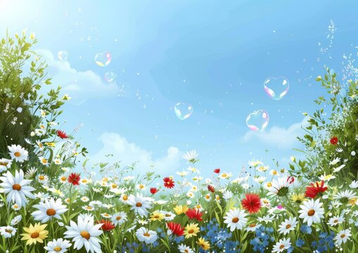 Sunny Meadow with Heart-Shaped Soap Bubbles Reflecting a Bright Blue Sky Amidst Colorful Flowers