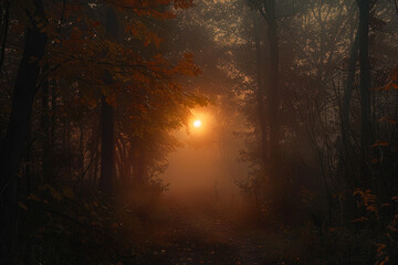 Obraz premium In a dense fog during a cool autumn morning, the sun rises over the woods.
