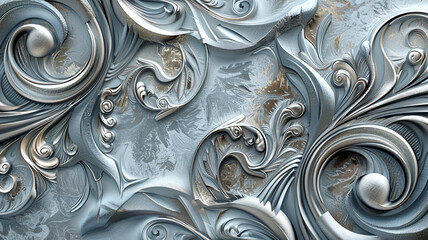 In high definition, an intricately designed decorative wall features abstract swirls and metallic accents, presented in immaculate