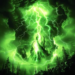 Otherworldly Green Lightning Storm Over a Forested Mountain Landscape