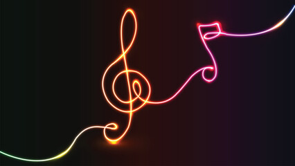 Neon Music. Line art. Music notes. Melody, classical music, sound design. Continuous Line Drawing. Vector Illustration. Night bright neon sign. Light banner. Musical pentagram sound waves notes. 
