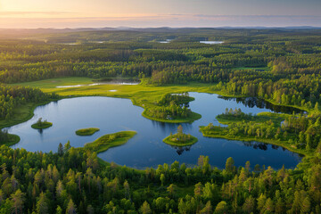 Landscape in the Swedish region with green forests and azure lakes. Seen in the summer around sunset.