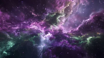 Foto op Canvas Swirling clouds of cosmic dust are punctuated by bursts of vivid green and purple explosions. © Justlight