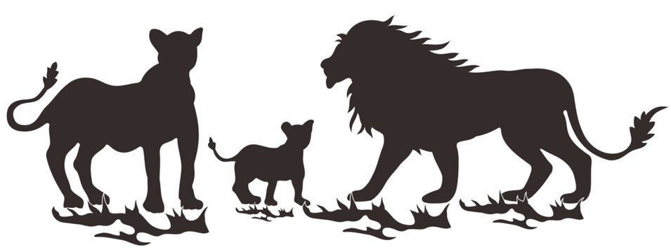 Lions family predator black silhouette animal. Vector Illustrator.