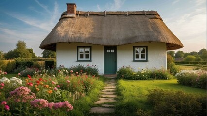 Fototapeta na wymiar Idyllic country cottage surrounded by a blooming garden