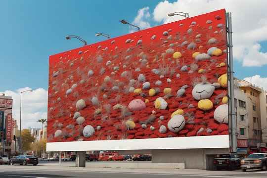 A striking image displaying a large billboard with a sea of floating dandeloid seeds against a vivid red background