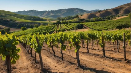 Fototapeta na wymiar Lush vineyard rows in rolling hills
