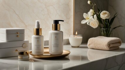 Bathroom vanity with luxury skincare products