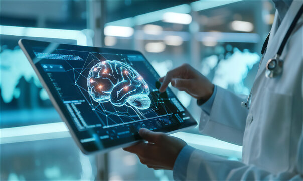 Doctor showing digital brain model