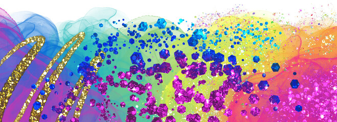 Abstract, decorative rainbow borders. Colorful doodle art. Glitter confetti decoration. Gemstones and little crystals explosion. 