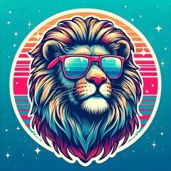 Cool hologram stickers lion wearing sunglasses sunrise retro style.