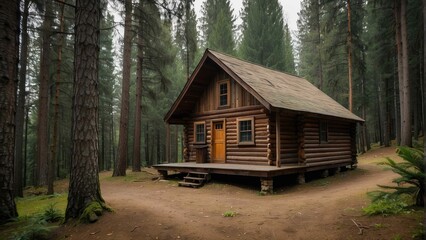 Secluded log cabin in a dense forest