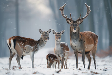Naklejka na ściany i meble Noble deer family in winter snow forest.