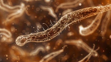 A magnified view of a microscopic creature called Trypanosoma brucei a protozoan that causes African sleeping sickness in humans and - obrazy, fototapety, plakaty