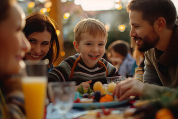 Family sharing a meal, happy child, festive lights.