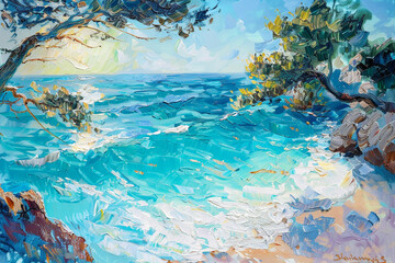 Oil paintings of the sea. Turquoise seascape in abstraction. Original work, plein-air drawing, and impressionism.