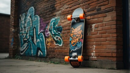 Skateboard leaning against graffiti wall