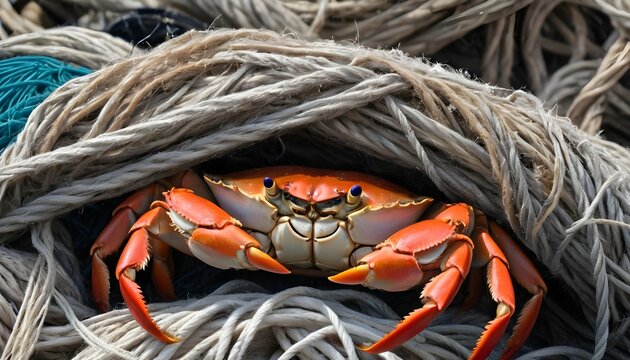 A Crab Peeking Out From A Tangle Of Fishing Nets  2