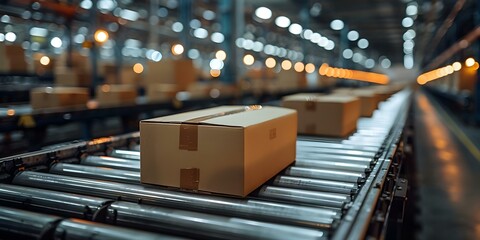Closeup of cardboard boxes on a conveyor belt in a warehouse showcasing automated . Concept Manufacturing Process, Warehouse Automation, Supply Chain Efficiency, Industrial Technology - obrazy, fototapety, plakaty