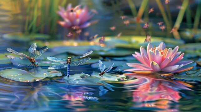 Delicate dragonflies dance a floating water lilies in this picturesque podium image transporting you to a serene and whimsical garden . .