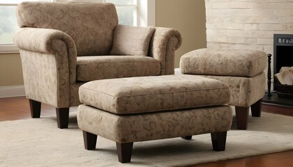 A Plush Upholstered Chair With A Matching Ottoman  2