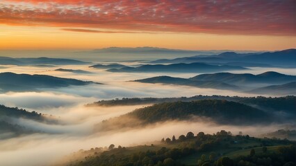 Fototapeta na wymiar Breathtaking sunrise over fog covered hills