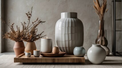 Fototapeta na wymiar Home decor with ceramic vases and plants