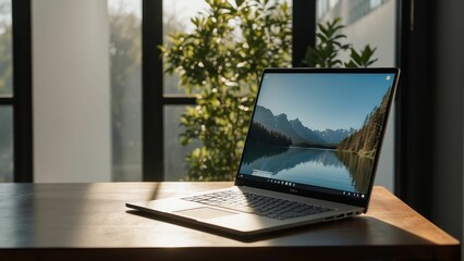 A sleek laptop opened on a wooden table