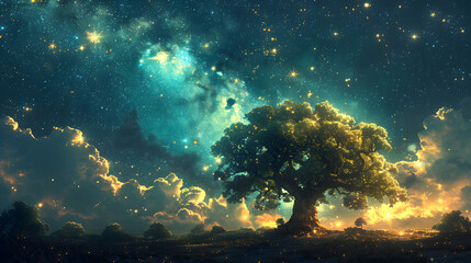Starry Solitude: Night Under the Big Tree - obrazy, fototapety, plakaty