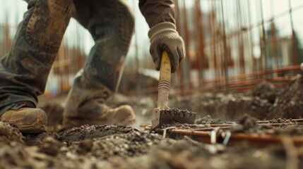 A closeup of a construction workers hands skillfully maneuvering tools and materials to create the foundation of a new building. - obrazy, fototapety, plakaty