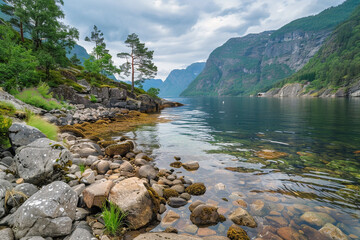 Summertime scenery of a Norwegian fjord.