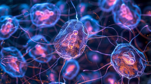 An intricate pattern of Giardia lamblia s each with two nuclei and flagella colonizing the intestinal lining of a host.