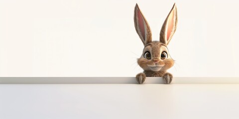 Cute cartoon rabbit bunny looking over a blank signboard. Isolated on white background, funny animal empty banner for Easter, Christmas, Birthday, children's product advertisement.