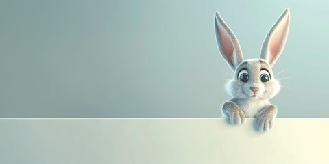 Fototapeta na wymiar Cute cartoon rabbit bunny looking over a blank signboard. Isolated on white background, funny animal empty banner for Easter, Christmas, Birthday, children's product advertisement.