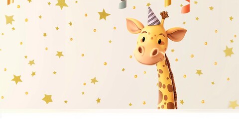 Obraz premium Happy funny birthday cartoon giraffe over blank banner on celebration background, for birthday party, card, invitation, copy space.
