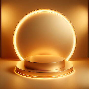 honey gold podium, illuminated by golden hour lighting. empty studio room background. 3d stage for product display. an abstract platform for product presentation. podium for advertisement. mockup.