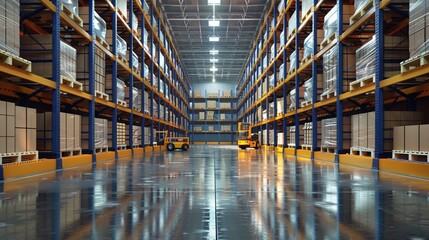 Blank warehouse interior with high full stack of boxes. - obrazy, fototapety, plakaty