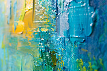 Textured canvas with an abstract blue, green, and yellow acrylic background. Up close. My own creation. - obrazy, fototapety, plakaty
