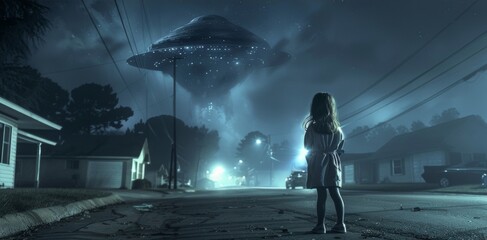 A young girl stands on the edge of a deserted street her back turned to the camera as she gazes in awe at a mysterious extraterrestrial . . - obrazy, fototapety, plakaty