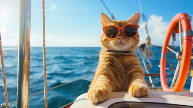 Chilled cat enjoy summer cruise sea trip, stylish kitten with sunglasses enjoying sea breeze blowing on yacht.