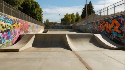 Empty urban skatepark with colorful graffiti