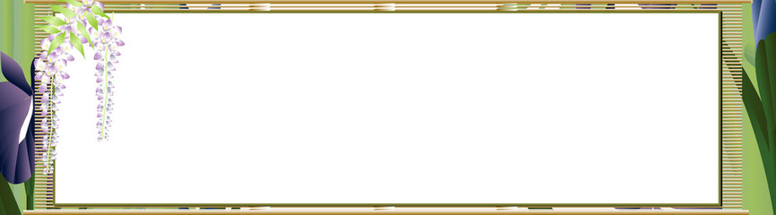 菖蒲の花と竹の前にすだれに色紙のメッセージボードがあるバナー素材藤の花を添えてある