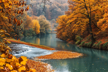 Tranquil autumn scenery with a peaceful river winding through a forest of vibrant trees.