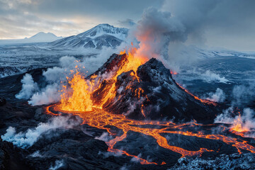 A volcano erupts with lava and smoke, creating a fiery and dangerous scene
