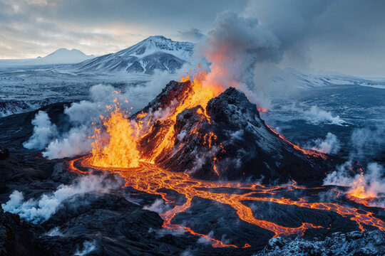 Fototapeta A volcano erupts with lava and smoke, creating a fiery and dangerous scene