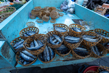 Fish for sale in local morning market. Ubud, Bali, Indonesia.