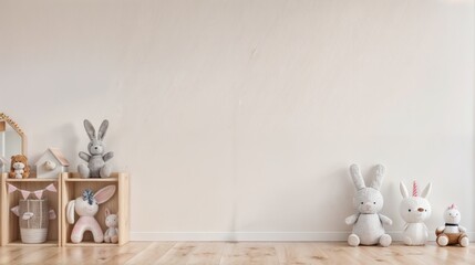 A tidy nursery space adorned with an array of soft plush toys and charming wooden decor against a warm, blank wall. - obrazy, fototapety, plakaty