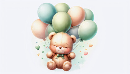Fototapeta na wymiar A plush teddy bear with pastel balloons surrounded by tiny hearts.