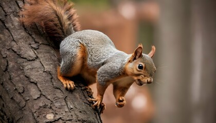 A Squirrel Scampering Up A Tree Trunk - obrazy, fototapety, plakaty