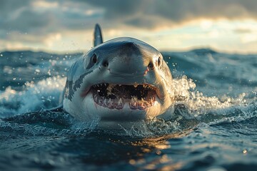 A shark is swimming in the ocean with its mouth open - obrazy, fototapety, plakaty